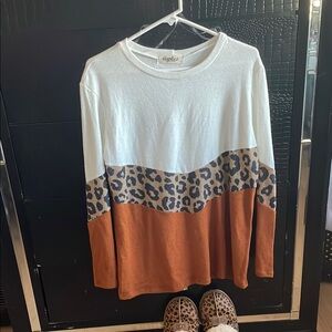 White and Brown Colorblock Leopard Print Long Sleeve Top
